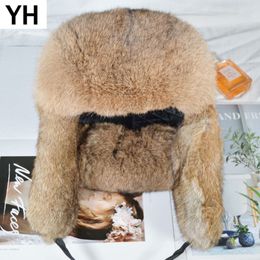 Handmade Men Winter Real Rabbit Fur Bomber Hat Outdoor Super Warm 100% Natural Rabbit Fur Hats Full Pelt Genuine Rabbit Fur Cap T2256d