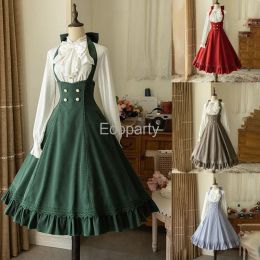 Dress Women Sweet Vintage Suspender Dress Victorian Lolita ALine Dress With Bowknot Long Sleeve Shirt Suit Girls Elegant 2pcs Dresses