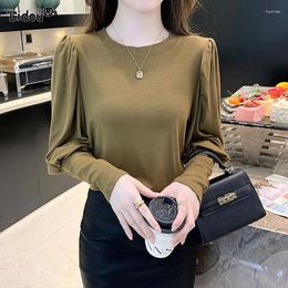 Women's T Shirts Spring And Autumn Western Style Slim Fit Round Neck Bubble Sleeves Solid Colour Simple Versatile Oversize Derong Bottom