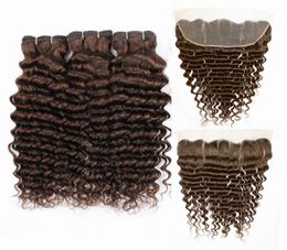 Deep Wave 4 Medium Brown Remy Human Hair Weave Bundles With Lace Frontal Closure 13X42613860