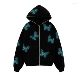 Women's Hoodies Butterfly Print Hip Hop Gothic Hoodie Sweatshirts Men Harajuku Y2k Black Zip Up Long Jacket Streetwear Women