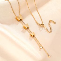 Three Butterfly Tassels Round Snake Chain Long Crystal Pendant Golden Womens 14k Yellow Gold Necklace