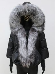 Fur 2023Real fur, New Winter Women Coat White Duck Down Jacket Hooded Large Real Silver Fox Fur Trim Knitted Sleeve Fashion Thick Ou