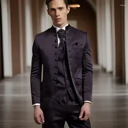 Men's Suits Wedding For Men With Stand Collar 3 Pcs Formal Groom Tuxedo Mandarin Costume Custom Fashion (Jacket Vest Pants) 2024