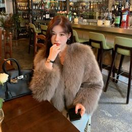 Fur Faux Fox Fur Coat Women Winter Fluffy Jacket Warm Crop Top Korean Chic Long Sleeve Jacket Party Club Fur Coats New
