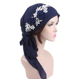 Retro Solid Colour Flower Turban Cap Muslim Head Cap Hijabs Muslim Islamic Scarf Scarves for Woman Long Underscarf Turbante 4 11299S