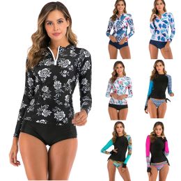 Swimwear Long Sleeve Rash Guard Women Print Swimwear Zipper Two Piece Surf Suit Patchwork Swimsuit High Neck Diving Suit 2XL Bathing Suit