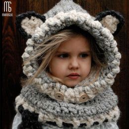 Winter Knitted Thicken kids hats winter snowboard cute cap fox wool neckerchief balaclava funny bonnet enfant casual cap Y200110241l