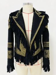 Blazers HIGH STREET Newest 2024 Designer Jacket Women's Metal Rivet Tweed Tassel Fringed Blazer