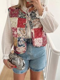 Women's Vests Women Button Down Printed Vest Sleeveless V Neck Floral Print Quilted Cardigan Casual Color Block Open Front Jacket