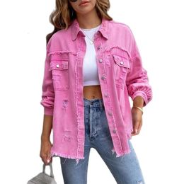 2023 Holes Rawedges Denim Jacket Women Spring Autumn Shirt Style Jeancoat Casual Top RoseRed Orange Purple Outerwear Lady Coat 240229