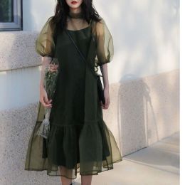Dress Women Clothing 2023 Dark Green Gauze Dress Spring Summer Loose Organza Bubble Sleeve Casual Simple Sweet Fashionable Dress