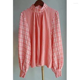 Women's Blouses 2024 Spring And Summer Women Red White Plaid Half-high Collar Lantern Sleeve Shirt