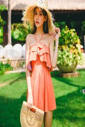 Cool Summer Sexy Elegant Holiday Swimsuit Bare Shoulders Show Long Legs Pink Ruffled Skirt Women Halter Beachwear3581427