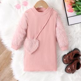 Girl Dresses 5-7Y Girls Autumn Dress Pink Stripe Long Sleeved Round Neck Love Bag Baby Fashion Cute Cotton Clothes