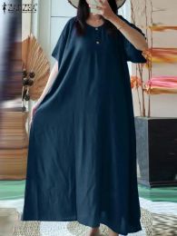 Dress ZANZEA Casual Short Sleeve Midi Dress Loose Women Dresses 2023 Summer Kaftan Vintage Solid Colour Holiday Vestidos Simple Robes