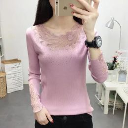 Pullovers 2020 New Lace Women's Sweater Spring and Autumn Pullover LowNeck Slim Fit Elastic Bottoming Sweater Black Top