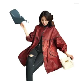Women's Leather Feishen Genuine Jacket Long Sheepskin Cloak Doll Shirt Round Neck Loose Fitting Korean Version Windbreaker