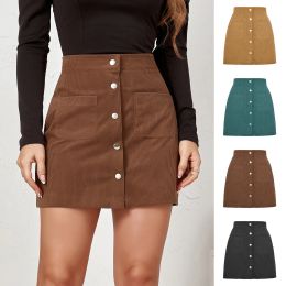 Dresses Autumn Hit Women's Corduroy Front Singlebreasted Slim Solid Color Elegant Sexy Short Skirt Winter Office Lady Aline Mini Skirt