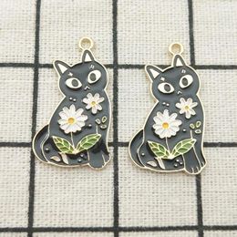 Charms 10pcs Enamel Flower Cat Charm Jewellery Accessories Earring Pendant Bracelet Necklace Zinc Alloy Diy Finding 18x32mm