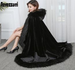 Nerazzurri black hooded cloak vintage women loose oversized long faux fur cape coat with faux fox fur trim thick warm cloak 2010293289493