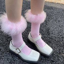 Women Socks Pink Fur Jk Lolita Middle Tube Feather Kawaii Japanese Cotton Funny Cute Pile Cosplay Party Accessories