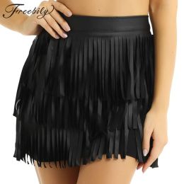 Skirt Women Black Hippie Boho PU Leather High Waist Layered Fringe Tassel Fringe Sexy Bodycon Skirt Party Clubwear Mini Skirt