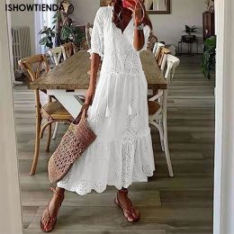 Dress White Casual Long Dress Women Oversize Lace Up Dress Female Loose V Neck Lace Dress Ladies Hollow Out Beach Boho Swing Maxi Dres