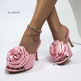 2024 Summer Fashion Silk Flower Peep Toe High Heels Slipper Women Stripper Slip on Mule Slides Party Shoes Sexy Heeled Sandals