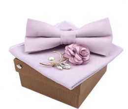 Solid Colour Super Soft Suede Men Cotton Bow Tie Handkerchief Brooch Set Bowtie Bowknot Pink Blue Butterfly Wedding Novelty Gift3234345