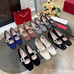 Designer Shoes Loafer Women Ballet Flat Skirt Shoes Elegant Square Headed Oxford Shoes Crystal Decorative Gloss Leather Cream 100% Genuine 34-40