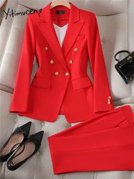 Yitimuceng Elegant Office Ladies Two Piece Sets Womens Outifits Double Breasted Long Sleeve Blazers Loose Casual Pant Suits 240226