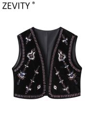 Waistcoats Zevity Women Vintage Sequins Flower Embroidery Short Velvet Vest Jacket Ladies Sleeveless Casual Cardigan WaistCoat Tops CT5465