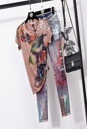 New Autumn Winter tracksuits Summer Vintage Print Tshirt Pencil Denim Pants 2 Piece Set Women Loose Short sleeve T shirt Jeans Sui9255418