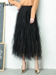 Dresses Jielur Fashion Tutu Tulle Skirt Women Long Maxi Skirt Spring Summer Korean Black Pink High Waist Pleated Skirt Female