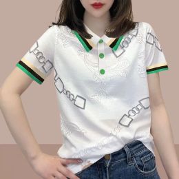 Shirts Cotton New Shirt Design Color Matching Polo Collar Printed Rhinestones ShortSleeved Women's Shirt Niche Chic Stitching Clothes