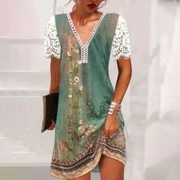 Party Dresses Patchwork Lace Summer Women's V-Neck Printed Vestidos De Mujer Female Dress Casual Loose Long Sleeve Mini Femme Robe