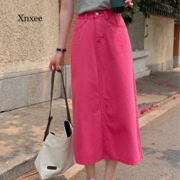 Skirt Pink Denim Straight Skirts 2021 Fashion Retro Long Summer Girls High Waist Button Pockets Split Jeans Straight Maxi Denim Skirts