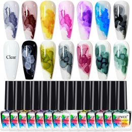 Supwee 14pcs gel nali polska set blommande akvarell blommoreffekt snabb torr semi permanent naglar lack konst 240219