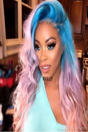 180density full side part Cosplay style Synthetic Lace Front Wig Long body wave blue ombre pink Colourful wig Heat Resistant Fibre 4630203