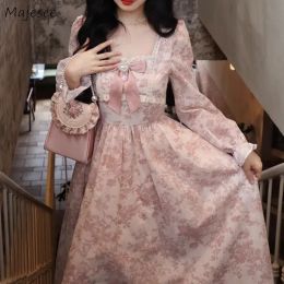 Dress Floral Long Sleeve Dresses Women French Sweet Pink Midi Dress Temperament Lace Ulzzang Bow Fashion Streetwear Fairy Beauty New