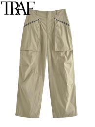 Capris TRAF FANS 2023 Woman Y2K Cargo Pant Summer Zippers Pockets High Waist Baggy Sweatpants Wide Leg Sports Pant Female Trousers