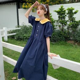 Dress Dresses Women Kawaii Japanese Style Sweet Preppy Patchwork Female Folds Aline Students Sailor Collar Puff Sleeve Popular