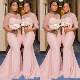 Blush Pink African Nigerian sjöjungfru brudtärna klänningar med ärm 2024 Sheer spetshals plus storlek Maid of Honor Wedding Guest Gown 0528