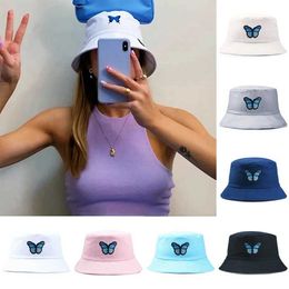 Wide Brim Hats Bucket Hats Butterfly embroidered bucket hat suitable for girls Bob Autumn Panama hat mens sun fishing street clothing foldable cotton fisherman hat J