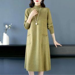 Dress Women Autumn Winter Long Dresses Knitting Sweater 2023 New Wavy Pattern Patchwork Half High Collar Oversize Office Lady Dress