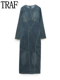 Dress TRAF Blue Denim Dress Woman Winter Long Dresses for Women 2023 Going Out Casual Maxi Dress Women Long Sleeve Slit Female Dress