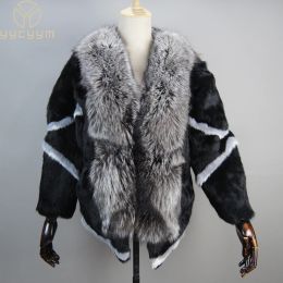 Fur Women Winter Coats Black Woman's Casual Autumn Coat Real Natural Women's Rabbit Fur Coat Fox Fur Collar Large Size Rabbit Skin