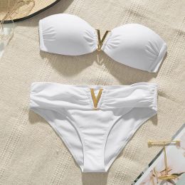 Set White push up woman swimsuit 2022 new Summer beach sexy bikini set solid swimming suit for women swimwear Bandeau bathing suit