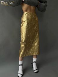 Clacive Fashion Slim Gold WomenS Skirt Elegant Chic High Waist Midi Skirts Streetwear Vintage Faldas Skirt Female Clothing 240228